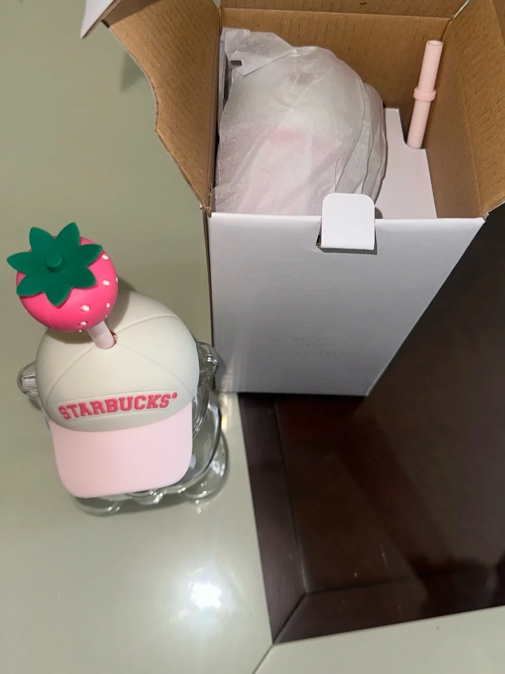 Starbucks Clear Bear Sipper Bottle with Pink Hat & Strawberry Straw Top